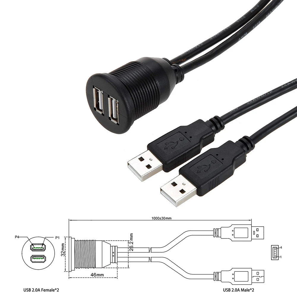 1m Dual USB Panel-Mount Extension Cable